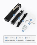 Heavy Duty Soft Close Damper Hinge For Barn Doors Smooth Operator Adjustable Speed parts including door closer, slide rail, screws.