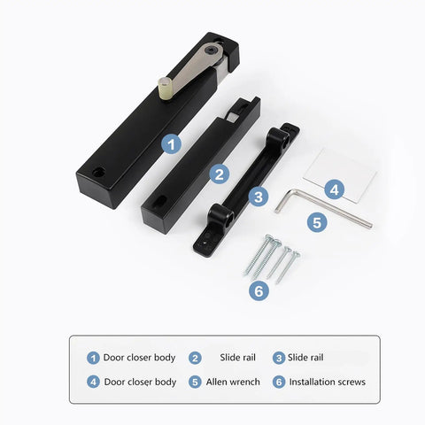 Heavy Duty Soft Close Damper Hinge For Barn Doors Smooth Operator Adjustable Speed parts including door closer, slide rail, screws.