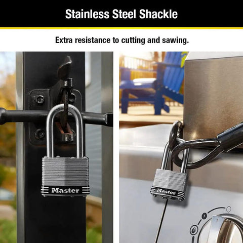 Stainless Steel Outdoor Padlock With Key, 4-Pack Keyed-Alike Set For Saltwater Ready Marine Use, shown on gate and locker.