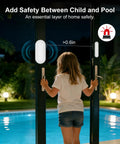 Wireless Home Security System For Homes And Small Businesses Expandable With Standalone Keypad Real Time App Alerts No Monthly Fees Alexa Compatible Door And Window Sensors Motion Detectors Remote Access Tamper Resistant Hub Diy Friendly on glass pool door, child near entry