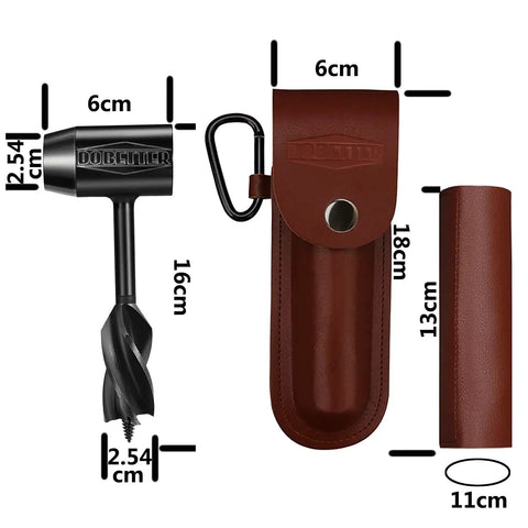 Bushcraft Hand Auger Wrench For Survival And Camping, Scotch Eye Wood Auger Drill Bit with leather case and dimensions shown
