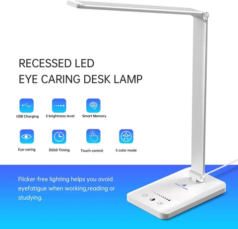 Lit Eye Friendly LED Desk Lamp With USB Charging Port And Touch Control Five Brightness Levels And Three Modes Auto Timer