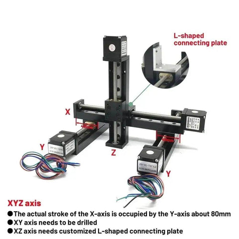Solid Smooth XYZ Axis Slide With T06 Trapezoidal Lead Screw Linear Rail Motor Kit For Motorized Gantry Stage And Precise Z Axis 50mm Stroke Travel, XYZ axis slide with stepper motors and L-shaped plate