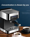 Professional Grade Semi Automatic Espresso Maker Featuring A Built In Conical Burr Grinder And High Pressure Steam Wand on wooden countertop with cups of espresso.