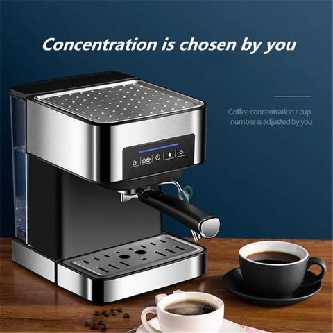 Professional Grade Semi Automatic Espresso Maker Featuring A Built In Conical Burr Grinder And High Pressure Steam Wand on wooden countertop with cups of espresso.