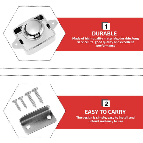 Push Button Cabinet Door Latch Locks 5 pack in zinc alloy and ABS, silver finish, with screws and bracket details
