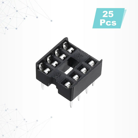 Close-up of 25 Pc DIP IC Socket Adapter Kit for 8 Pin ICs, 2.54mm pitch, used for breadboard prototyping and PCB design.
