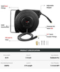 Heavy Duty Retractable Air Hose Reel With 1/4 Inch By 45 Feet Hybrid Hose Max 300 Psi Plus Five Foot Lead In Wall Or Ceiling Mount, solid brass fittings and adjustable stopper.