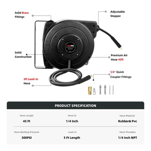 Heavy Duty Retractable Air Hose Reel With 1/4 Inch By 45 Feet Hybrid Hose Max 300 Psi Plus Five Foot Lead In Wall Or Ceiling Mount, solid brass fittings and adjustable stopper.