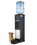 Top Loading Water Dispenser With Hot And Cold Water, 5 Gallon Bottle Compatible, Pet Drinking Station shown with dog