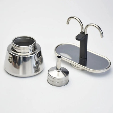 Heavy Duty Stainless Steel Mocha Pot 2 Cup Dual Pipe Stovetop Espresso Maker Smooth Pour components disassembled.