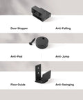 Components of the 5 Ft Mini Cabinet Bypass Barn Door Hardware Kit With Single Track 60 Inch Small Sliding Barn Door Track Kit shown.