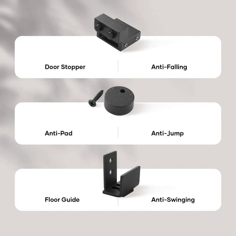 Top Shelf 8 FT Mini Cabinet Bypass Sliding Barn Door Hardware Kit With Slick Steel Tracks Noise Free Carriages And No Fuss Wall Mount Setup For A Sharp Room Upgrade accessories showing door stopper, anti-pad, and floor guide.