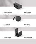 Components of Six Foot Mini Cabinet Bypass Barn Door Hardware Kit with Single Track, including door stopper, anti-pad, floor guide.