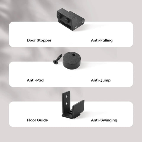Components of Six Foot Mini Cabinet Bypass Barn Door Hardware Kit with Single Track, including door stopper, anti-pad, floor guide.