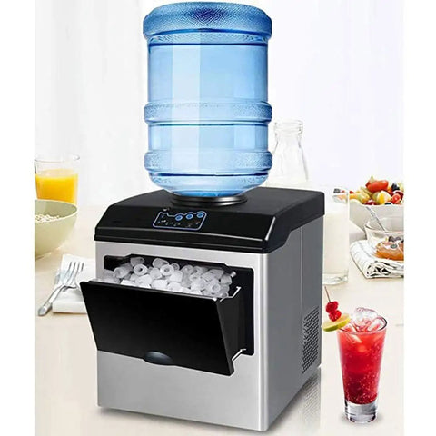 Smooth Operator Countertop Ice Maker churns out twenty five kilograms of bullet ice daily in just twelve minutes, compact design.