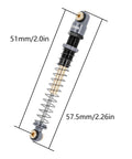 51mm Long Travel Shocks For Axial AX24 SCX24 RC Crawler Upgrade Double Barrel Threaded Dampers CNC Machined Aluminum Bodies Telescopic Design For Maximum Travel Two Spring Rate Options Grey shown with measurements