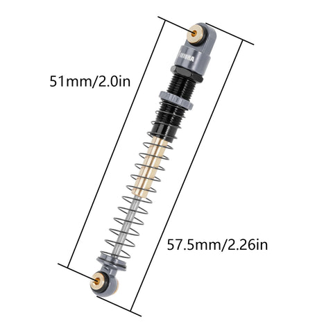 51mm Long Travel Shocks For Axial AX24 SCX24 RC Crawler Upgrade Double Barrel Threaded Dampers CNC Machined Aluminum Bodies Telescopic Design For Maximum Travel Two Spring Rate Options Grey shown with measurements