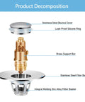 Heavy Duty Bathroom Sink Stopper With Solid Pop Up Drain Strainer And Smart Hair Catcher Design disassembled parts showing stainless steel and brass components.
