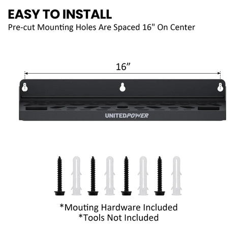 Wall Mount Tool Storage Rack With 51 Tool Holes for Screwdrivers, Wrenches, Pliers. Includes mounting hardware, tools not included.