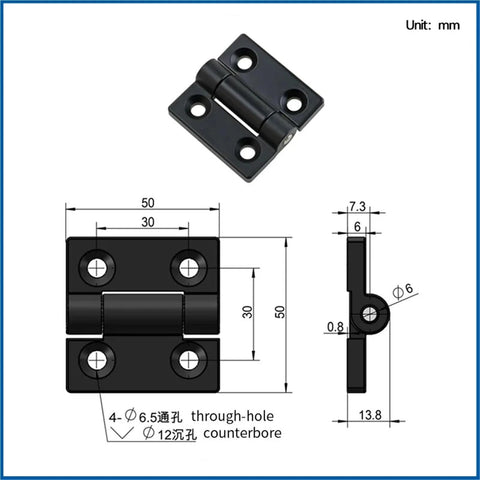 Amazon black zinc-alloy torque door hinge with damper, 1 piece, front view showing mounting holes.