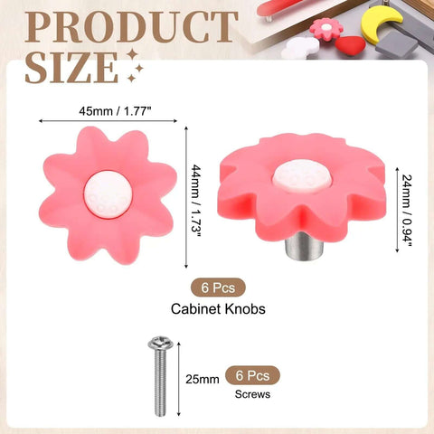 Six Pack Soft Silicone Flower Cabinet Knobs Pink Cartoon Drawer Pulls With Screws So Cute For Nursery Bedroom Dresser Knobs
