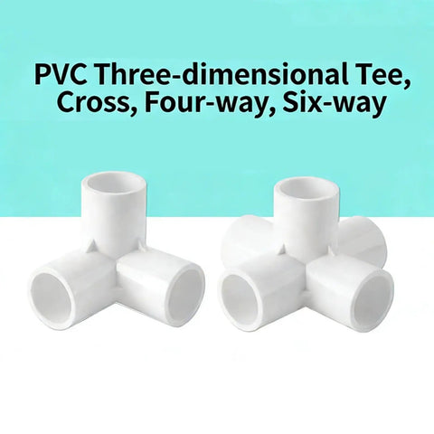 PVC three-dimensional tee and cross fittings, showing four-way and six-way connectors for irrigation use