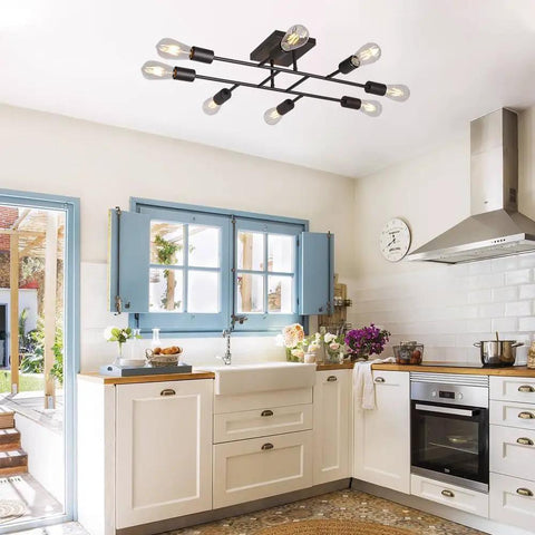 Eight Light Sputnik Chandelier In Oil Rubbed Bronze, Vintage Mid Century Semi Flush Mount Ceiling Fixture in a kitchen