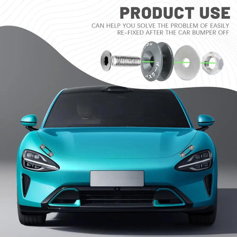 Universal Car Bumper Quick Release Clips Fasteners Kit Four Piece Aluminum Alloy With Rubber O Ring shown with teal car and components
