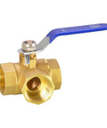 Built Tough Forged Brass Three Way Valve T Type Half Inch Bsp Thread Heavy Duty Plumbing Connector showcasing blue handle and smooth design.