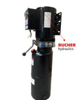 Bucher hydraulics hydraulic power unit for a two-post car lift; black vertical reservoir, motor and silver valve block.