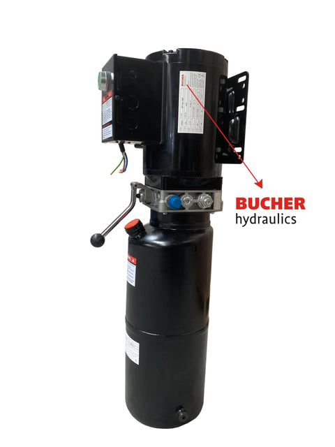 Bucher hydraulics hydraulic power unit for a two-post car lift; black vertical reservoir, motor and silver valve block.
