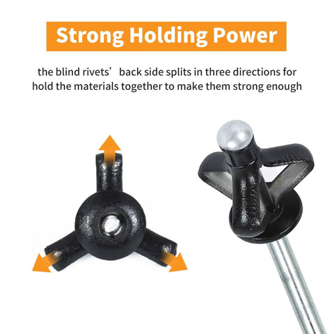 Tri Fold Aluminum Rivets Kit, 60 Pcs Black Exploding Pop Rivets with Bulb Style Tri Grip Heads showing strong holding power.