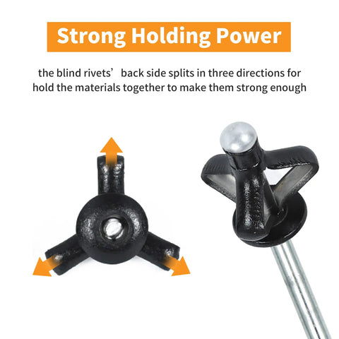 Tri Fold Aluminum Pop Rivets Black 75 Pieces Assortment For Kayak Boat Repair Includes Sizes Three Sixteenths Inch Five Eighths Inch Three Quarters Inch And One Inch Bulb Style Tri Grip showing tri-grip design for strong holding power.