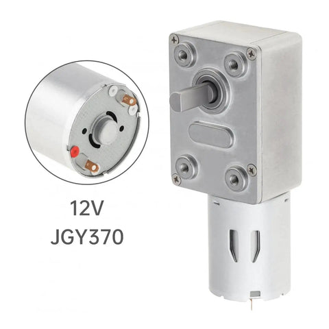 Image of Heavy Duty 12V DC Worm Geared Motor with metal housing, showcasing internal parts and precise speed control.