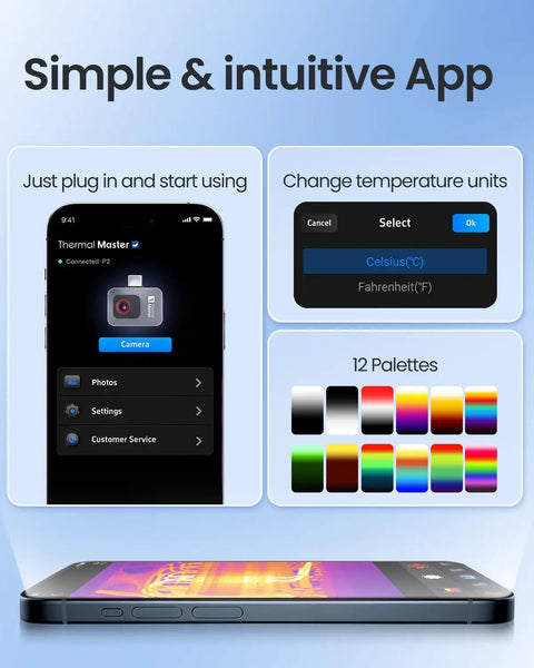 Android Thermal Camera With 512x384 IR Resolution app interface shown on a smartphone with temperature units and color palettes options.