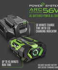 Power+ 15-Inch Cordless Weed Trimmer With Battery And Charger, featuring 56V ARC lithium battery and LED charging indicator.