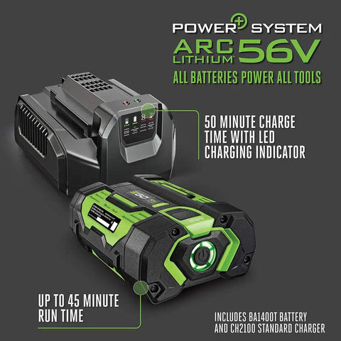 Power+ 15-Inch Cordless Weed Trimmer With Battery And Charger, featuring 56V ARC lithium battery and LED charging indicator.