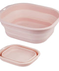 Collapsible Pink Wash Basin Set Of 2 Foldable Portable Laundry Basins For Home Travel Camping Go To Laundry Gear Bottles And More Easy Pop Up Design Space Saving Lightweight Plastic shown folded and unfolded