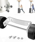 Front view of universal patio heater wheel kit with stainless steel bracket and two black wheels; hardware included