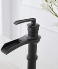 Dope Matte Black Vessel Sink Faucet With Waterfall Flow, Tall Single Hole Bathroom Vanity Mixer Tap on white basin