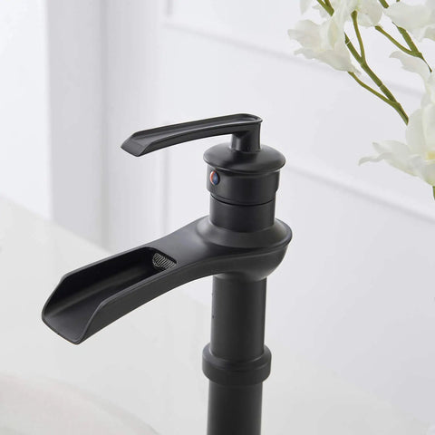 Dope Matte Black Vessel Sink Faucet With Waterfall Flow, Tall Single Hole Bathroom Vanity Mixer Tap on white basin