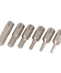 Six Piece Metric Hex Insert Bit Set with Exact Fit Tips and Hardened CRM-72 Tool Steel Through Hardened for Durability displayed in a row