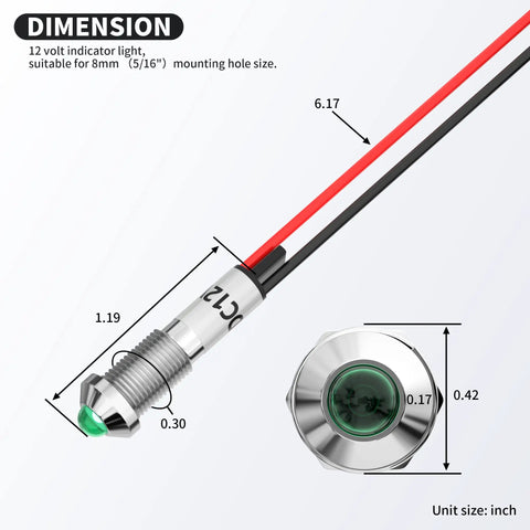 8mm 12V Green LED Indicator Light Waterproof Panel Mount Pilot Light Pre Wired For Boat And Car Marine Grade 12 Volt Indicator Lights Pack Of 10 Five Sixteenth Inch Mount Hole, dimension view with wires