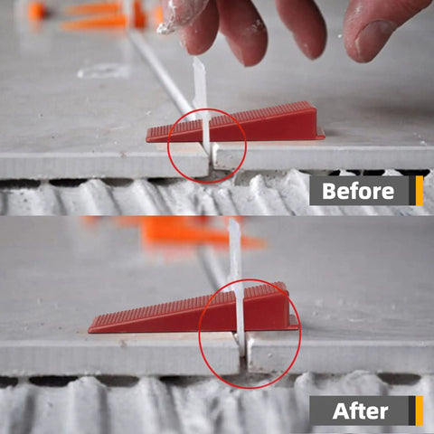 Tile Leveling System Kit With 400 Spacer Clips And 100 Reusable Wedges For Ceramic Tile And Stone Installation One Sixteenth Inch Leveler Tool Set For DIY Pros And Pro Installers, showing wedge placement before and after leveling.