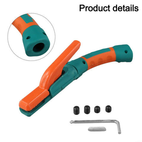 Durable 800 Amp Welding Stinger Electrode Clamp with ergonomic curved handle and interchangeable grips, designed for heavy duty use.