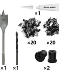 All In One Satellite Internet Cable Routing Kit With Wall Grommets, Drill Bit And Clips For A Neat Pro Grade Cable Pass Through And Easy Wall Installation, image showing drill bits, sealant, wall grommets, and clips