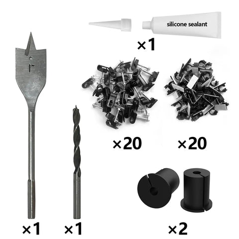 All In One Satellite Internet Cable Routing Kit With Wall Grommets, Drill Bit And Clips For A Neat Pro Grade Cable Pass Through And Easy Wall Installation, image showing drill bits, sealant, wall grommets, and clips