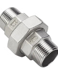 Heavy Duty 304 316 Stainless Steel Union Coupler Female Male Pipe Connector With Rock Solid PTFE Sealing For No Sweat Plumbing Rigging And Kickass Leak Proof Performance On Any Fluid Transfer Job, showcasing hex design and NPT threads.