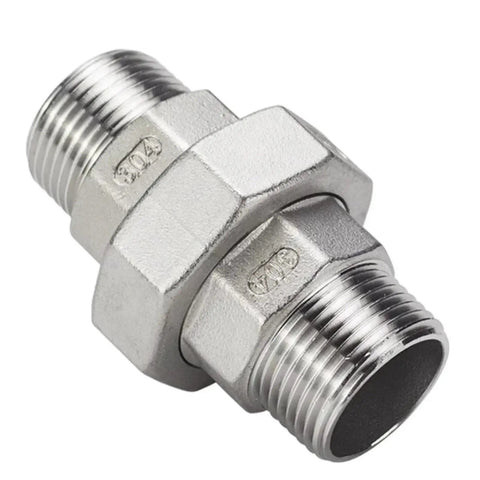 Heavy Duty 304 316 Stainless Steel Union Coupler Female Male Pipe Connector With Rock Solid PTFE Sealing For No Sweat Plumbing Rigging And Kickass Leak Proof Performance On Any Fluid Transfer Job, showcasing hex design and NPT threads.
